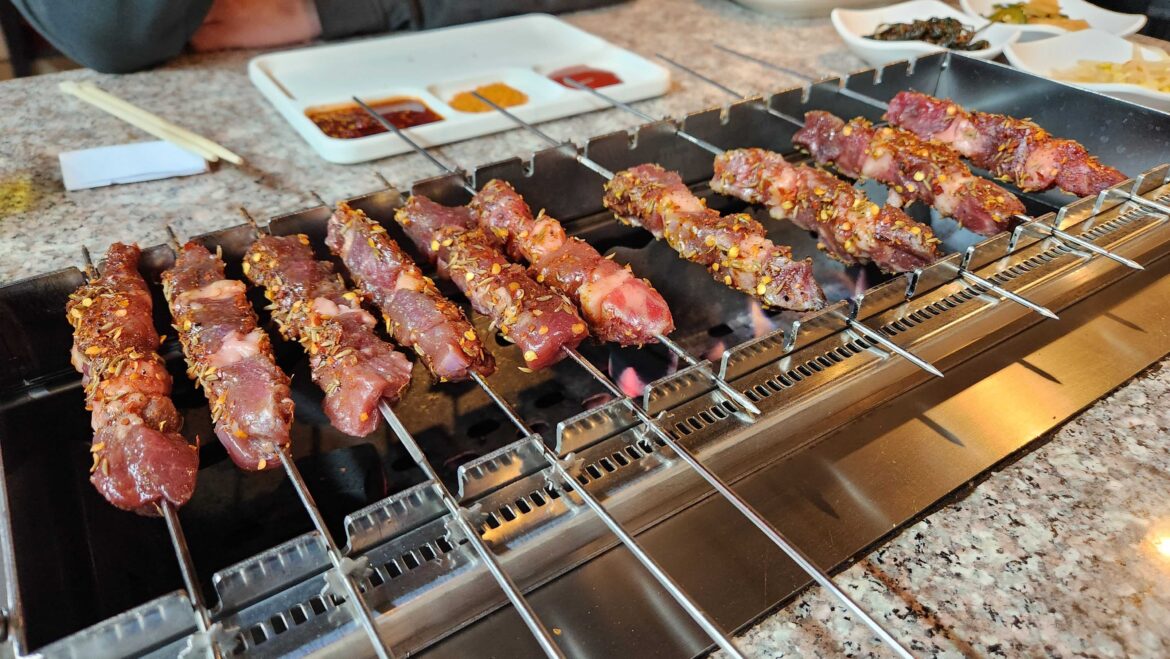 Lamb/beef skewers, mul naengmyeon (cold noodles), mandu (dumplings) - Fei Xiang Gong, Ktown (they have an auto rotating spit!)