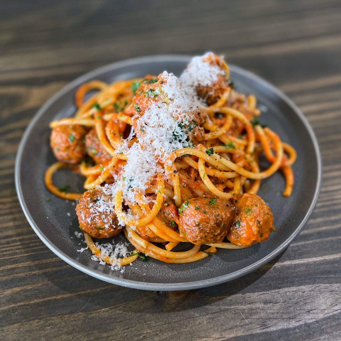Marcella Hazan’s tomato sauce with bucatini and meatballs