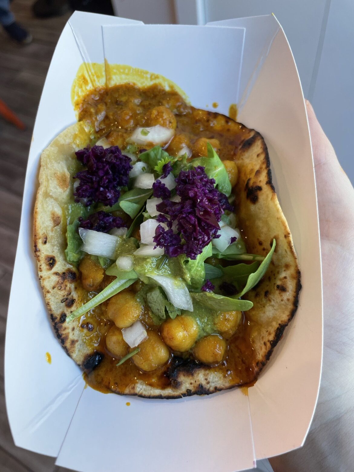 Roti taco with chana masala (Taco Mahal, NYC)