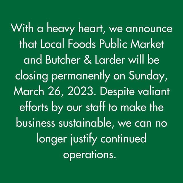 Local Foods/Butcher & Larder have announced they're closing Dining