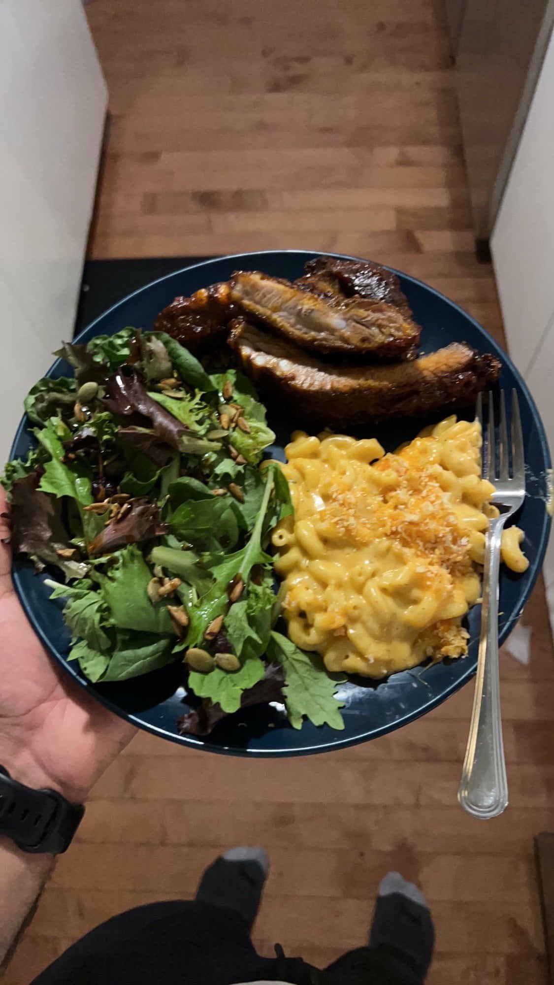 Gochujang Glazed Ribs with Mac and Cheese and a side of salad Dining