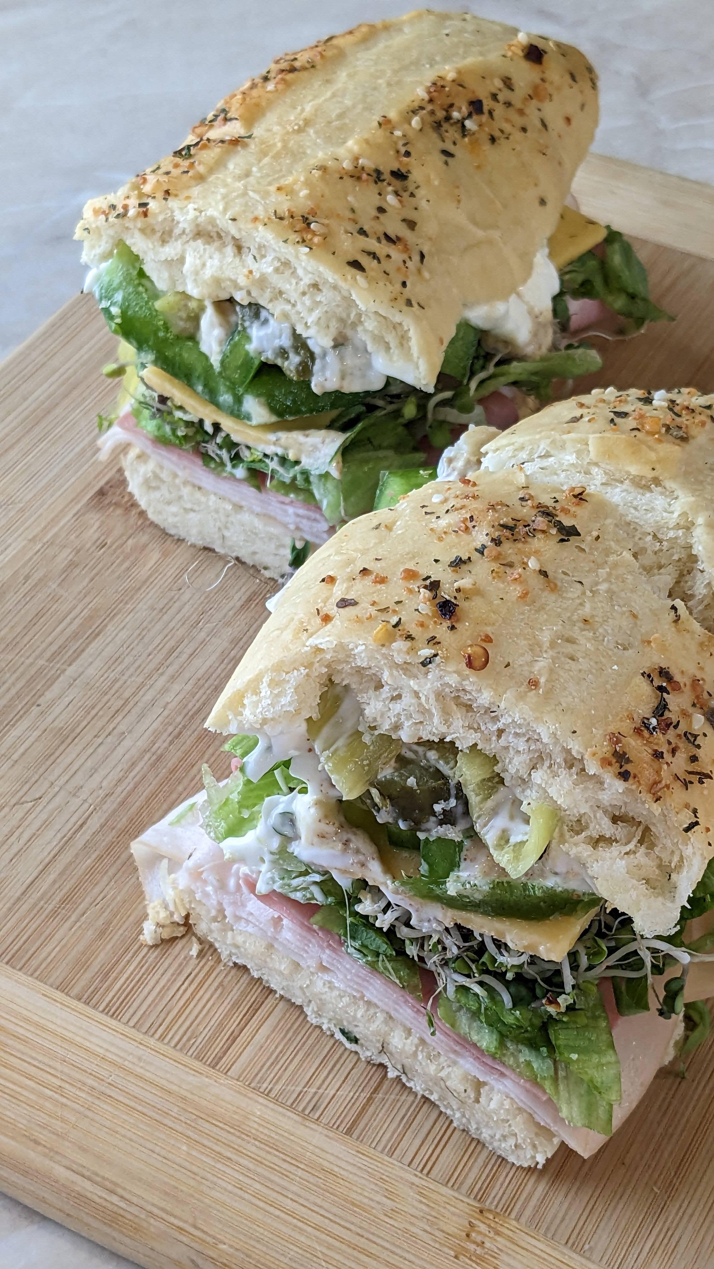 Turkey and mortadella with veggies and Tillamook sharp cheddar on