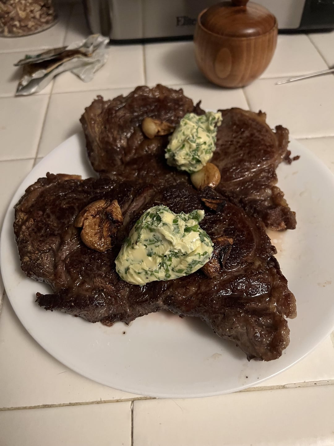 Ribeyes from Costco with a chive compound butter Dining and Cooking