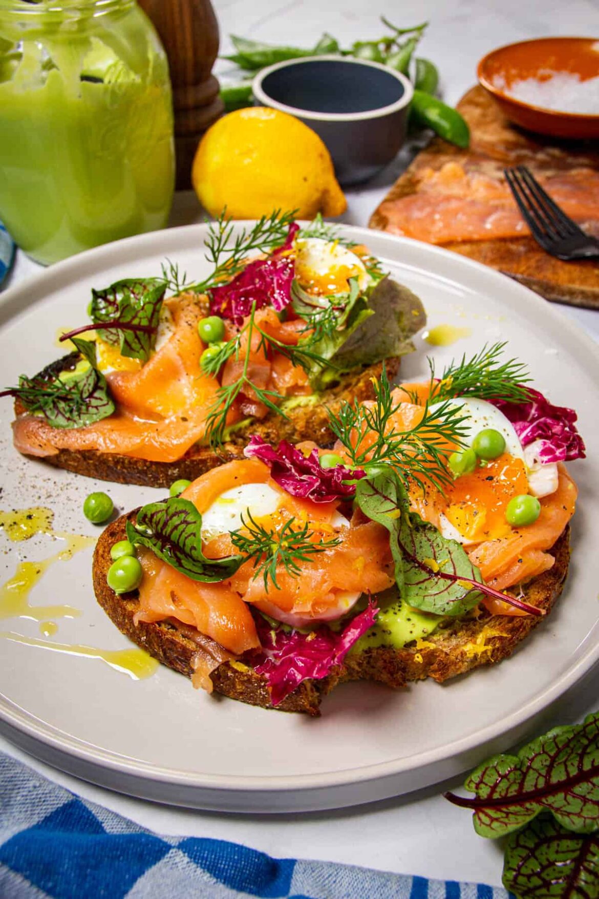 15 Minute Smoked Salmon Toast with Eggs, Herbs and Pea Puree