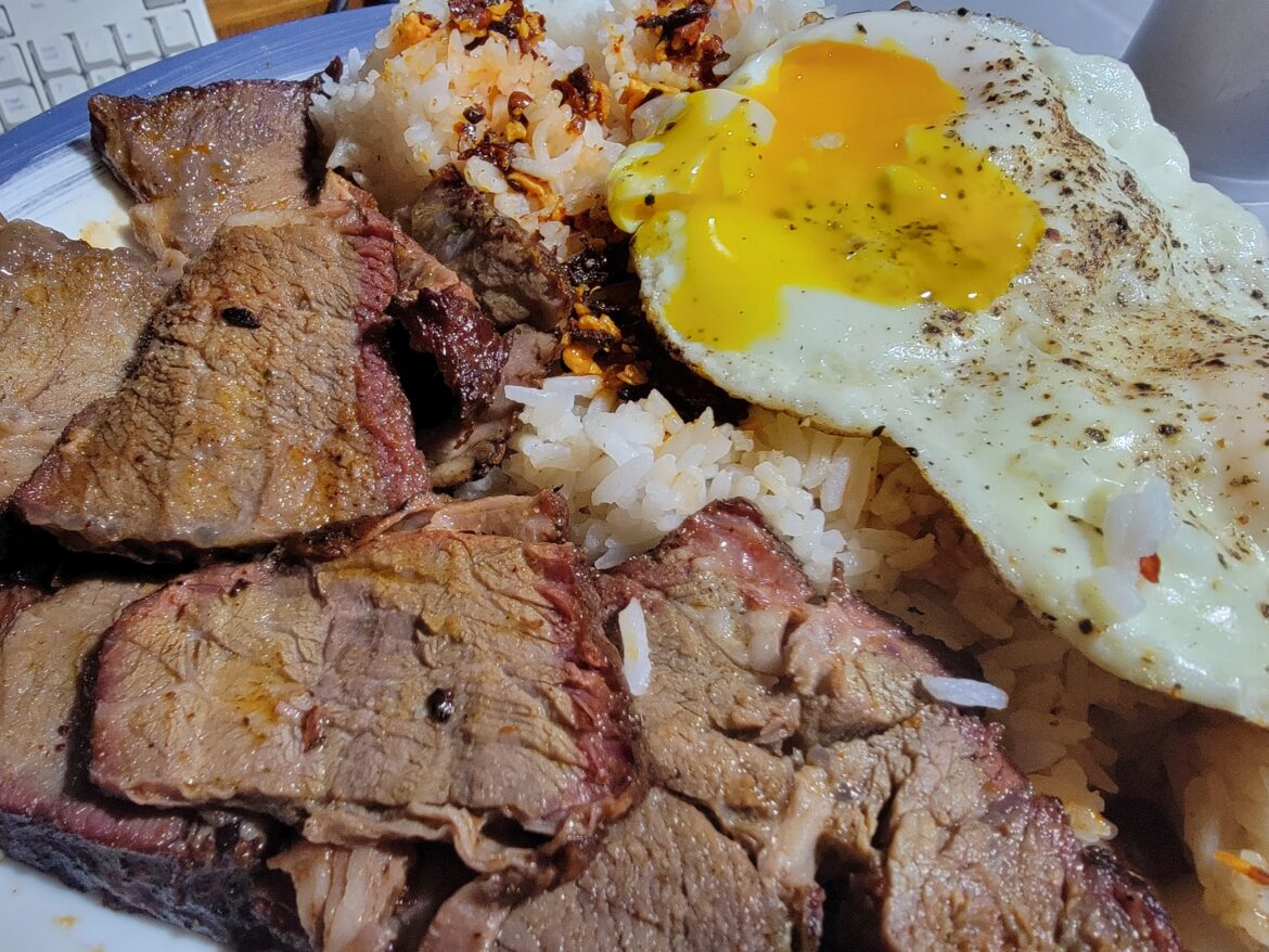 How about leftover brisket and eggs over rice.