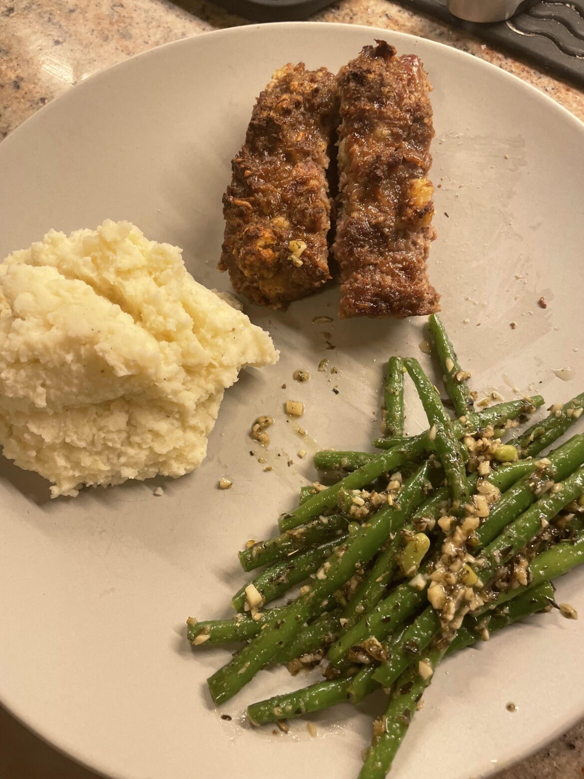 Meatloaf, mashed potatoes, and some, ahem…garlicky green beans