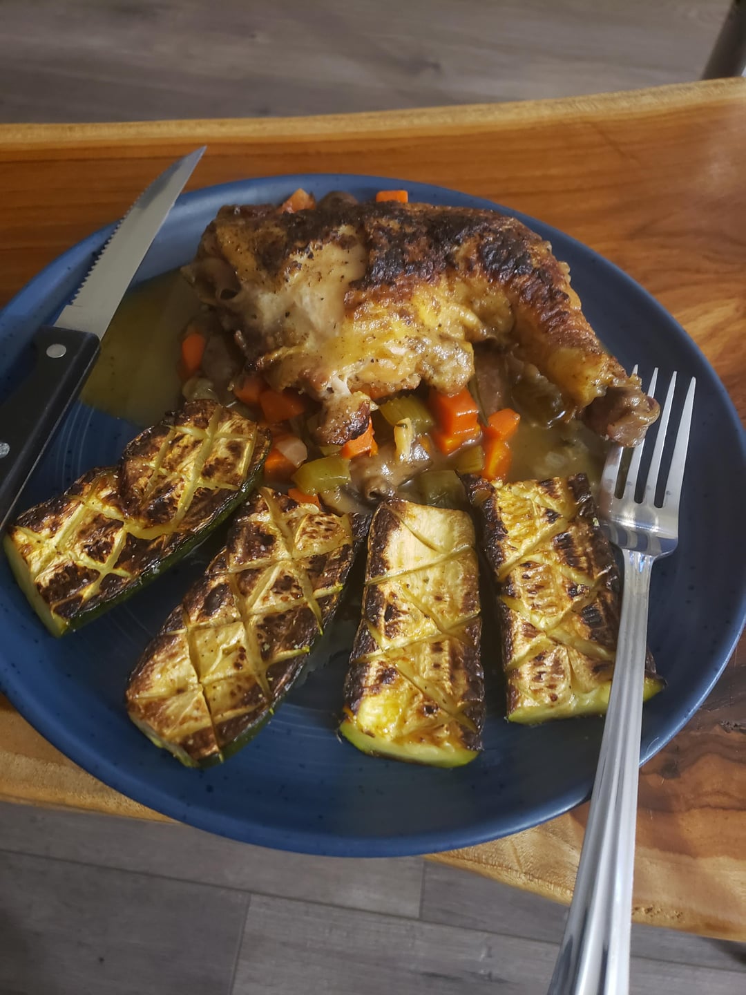 Cal Peternell braised chicken and Thomas Keller Zucchini. Dining and