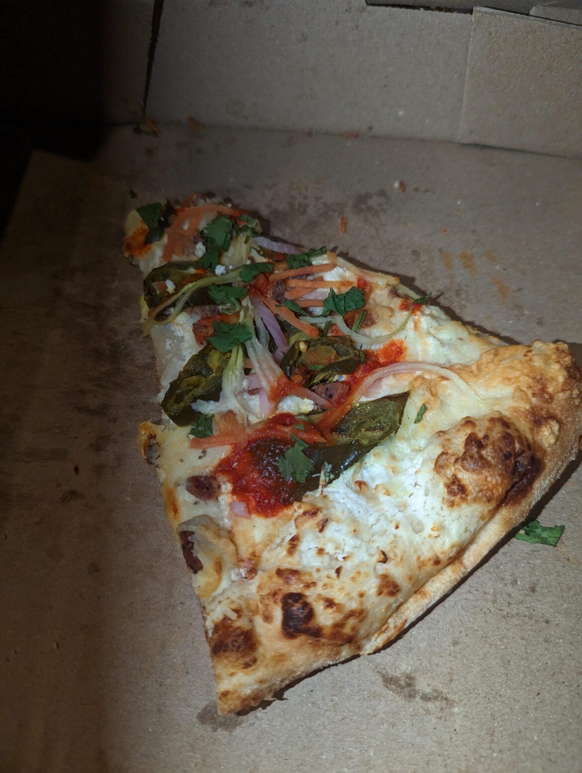 This has been in my fridge a full 24 hours, but I highly recommend the banh mi pizza at pinthouse. Pickles on pizza sounds weird but it's delicious.