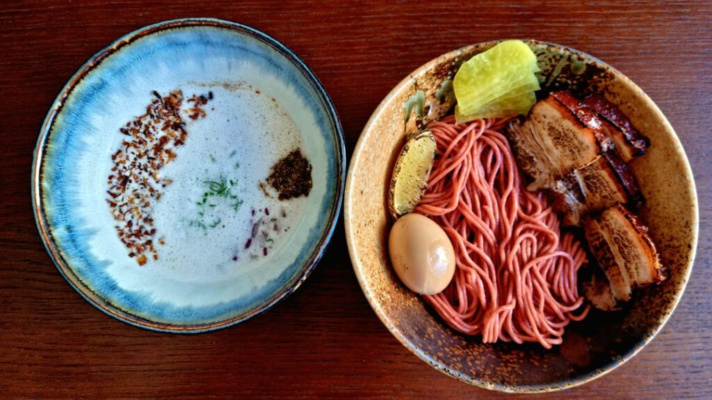 Three versions of pink noodles