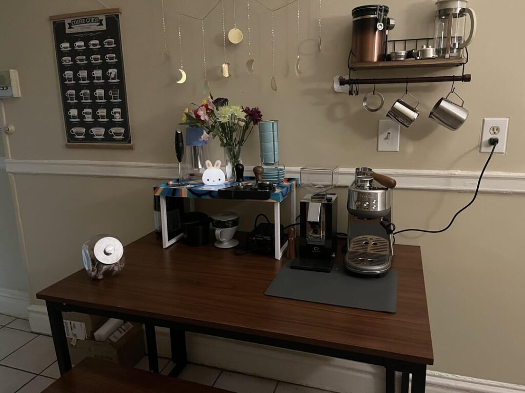 I just got my first set up! It isn’t perfect, bc I live in a crappy college apartment, but it’s the best I got! I painted the little rainbow table :)