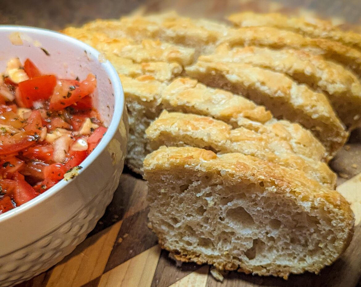 Happy Accident - Forgot to add yeast to sourdough. Discovered how to make awesome bruschetta bread!