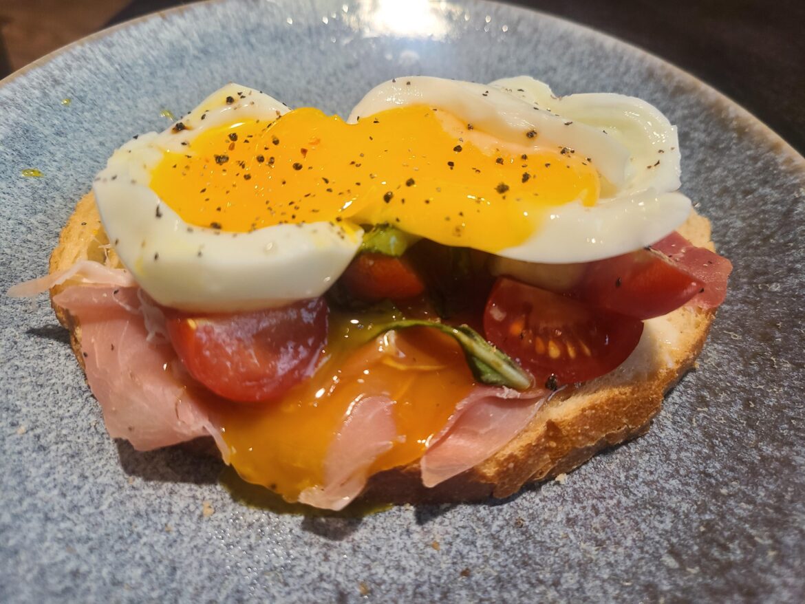 Caprese toast w/ prosciutto and soft-boiled egg