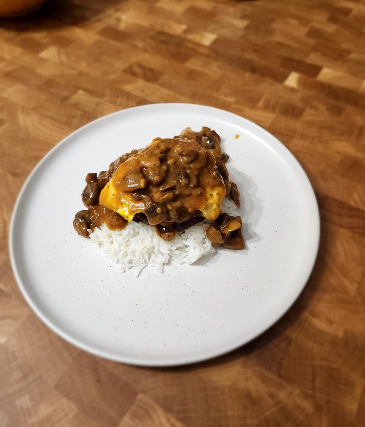 Loco moco with mushroom gravy.
