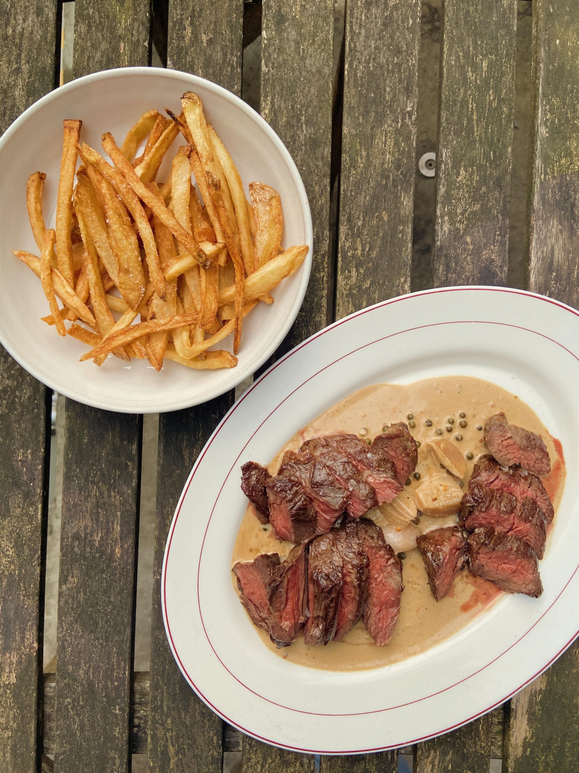 Steak frites, brandy peppercorn sauce Dining and Cooking