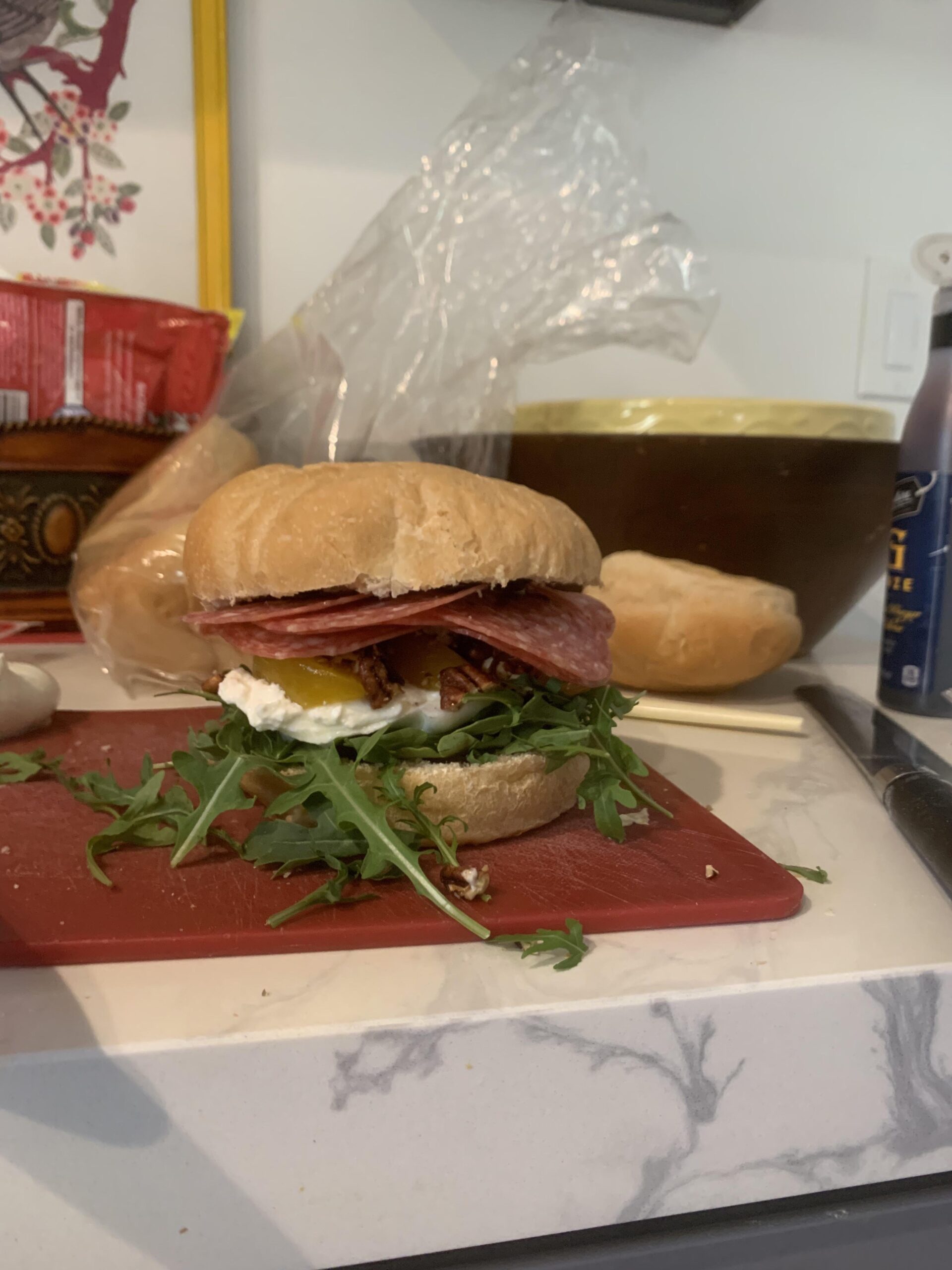 Peaches, salami, burrata, candied pecans, arugula, and balsamic glaze