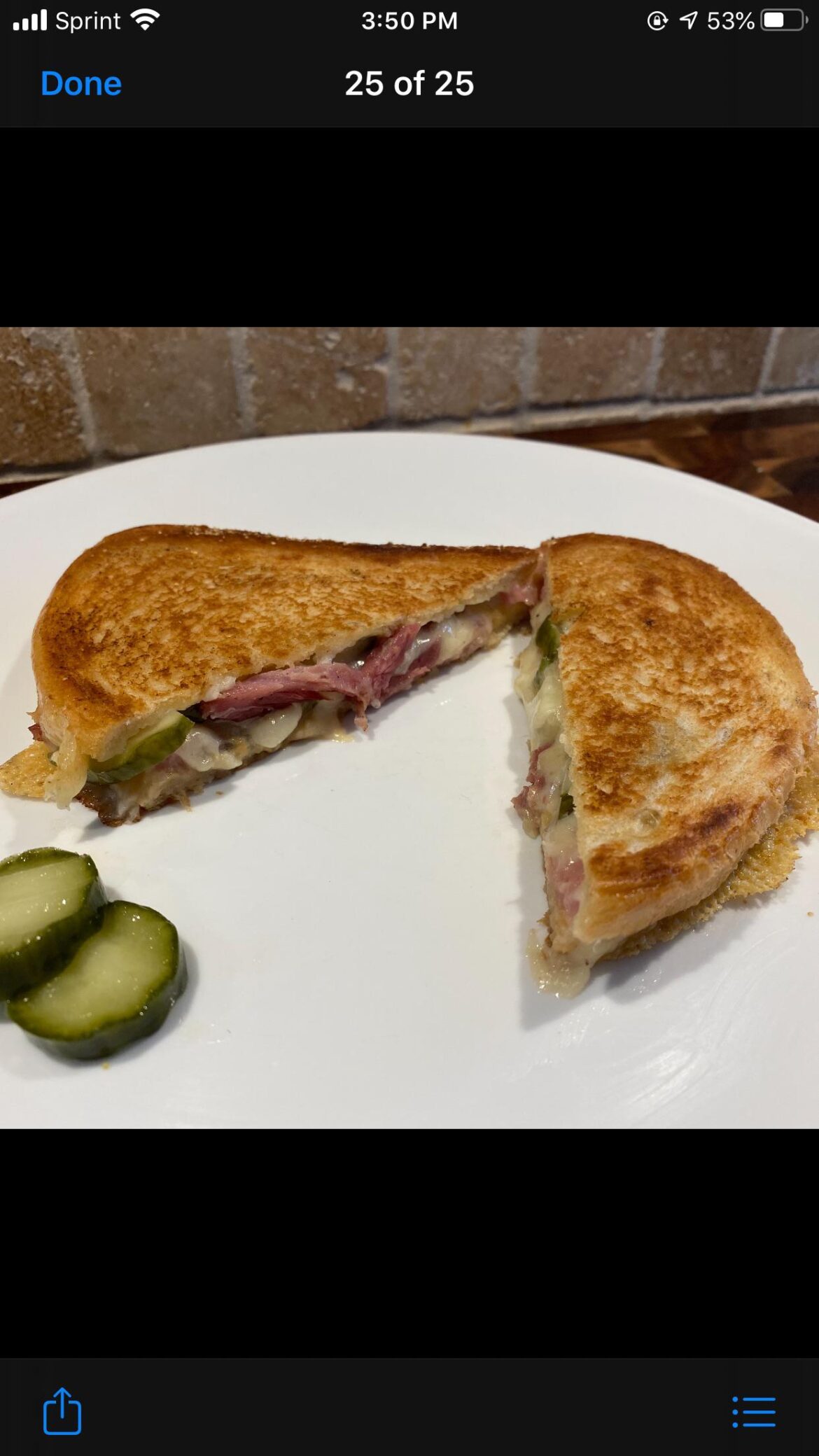Dearborn ham, lipari Swiss cheese and bread from Milanos with homemade pickles