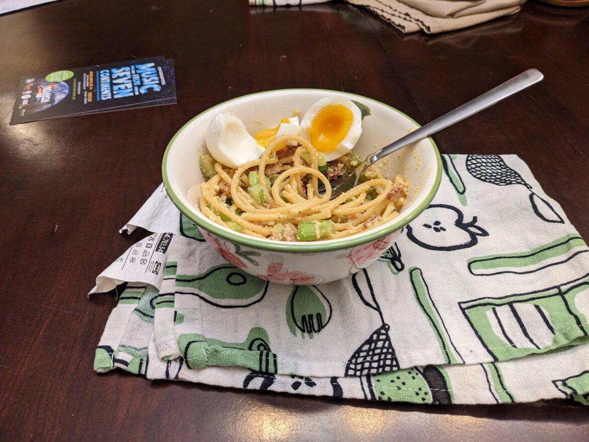 Failed faux carbonara. With a little extra egg on top!