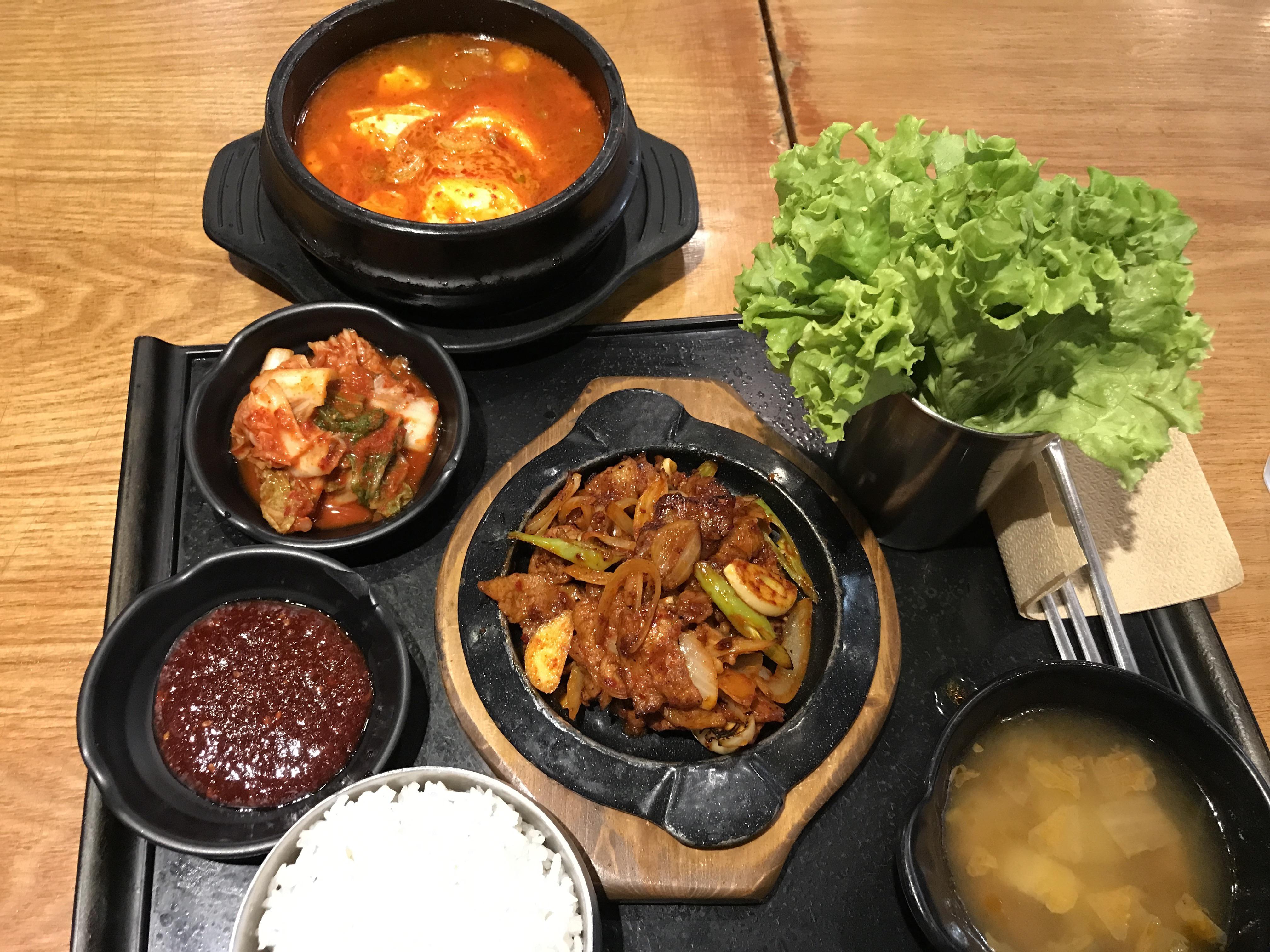 Yeontan samgyupsal, rice, kimchi, and sundubujjigae. So gooooood