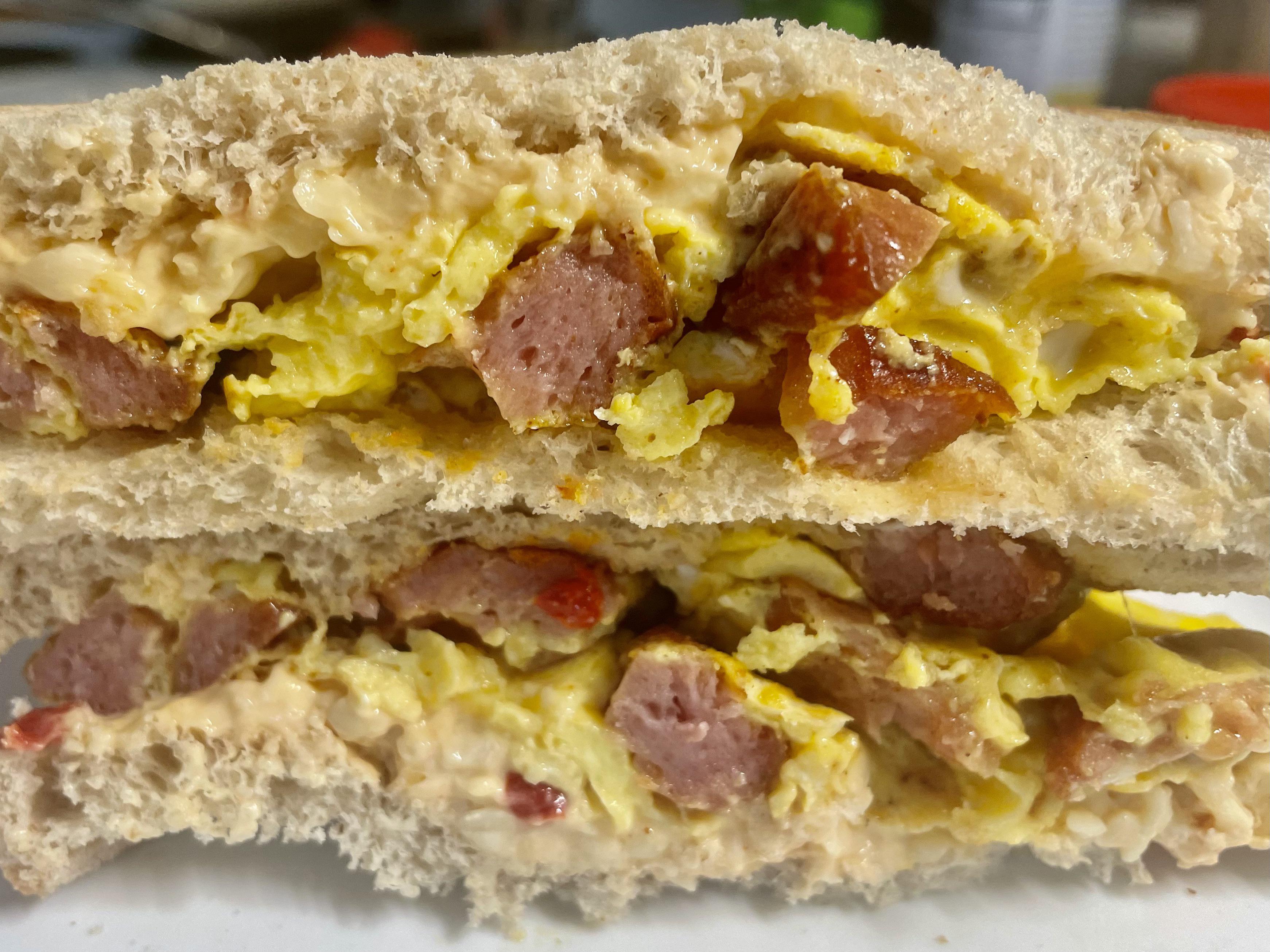 Smoked Spam, scrambled egg, smoked Gouda pimento cheese, cheap white