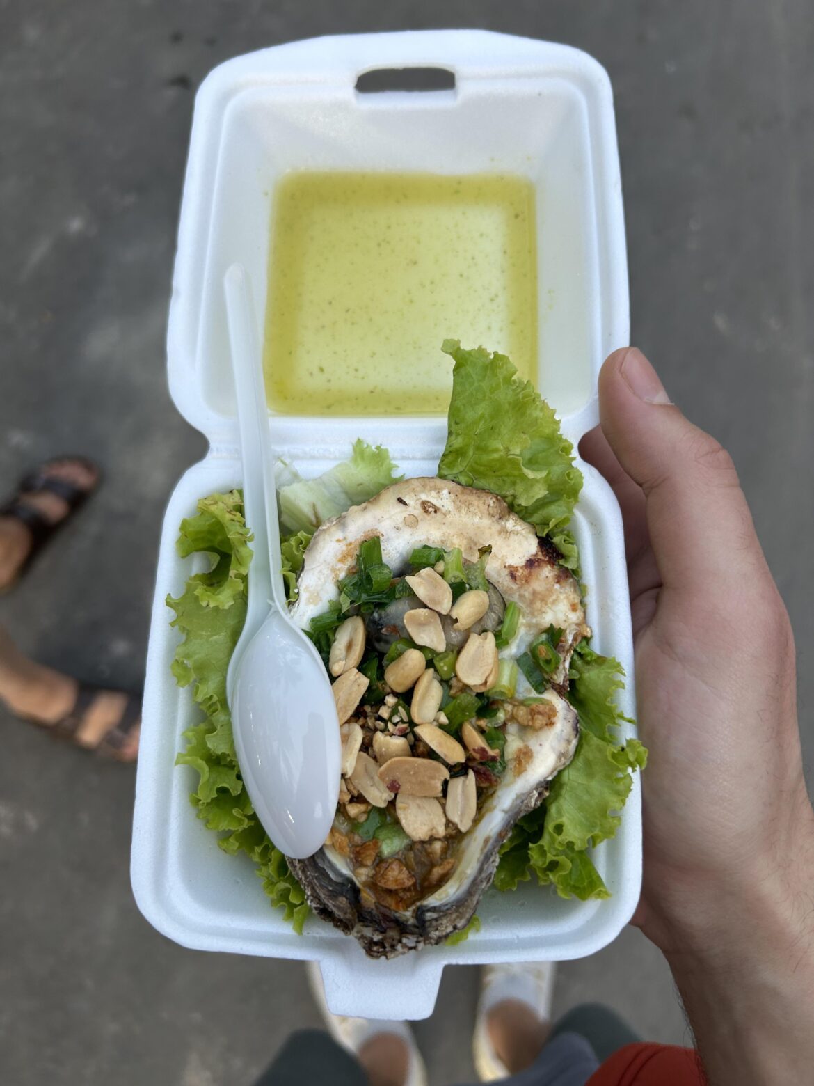 Grilled oyster with scallions and peanuts, Can Tho