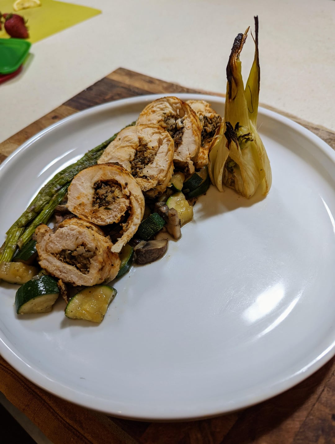 chicken roulade with duxelle, roasted fennel, asparagus, zucchini