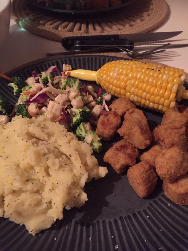 Vegan KFC, Frys Pop corn chick ‘n, mashed potato with poppy seeds