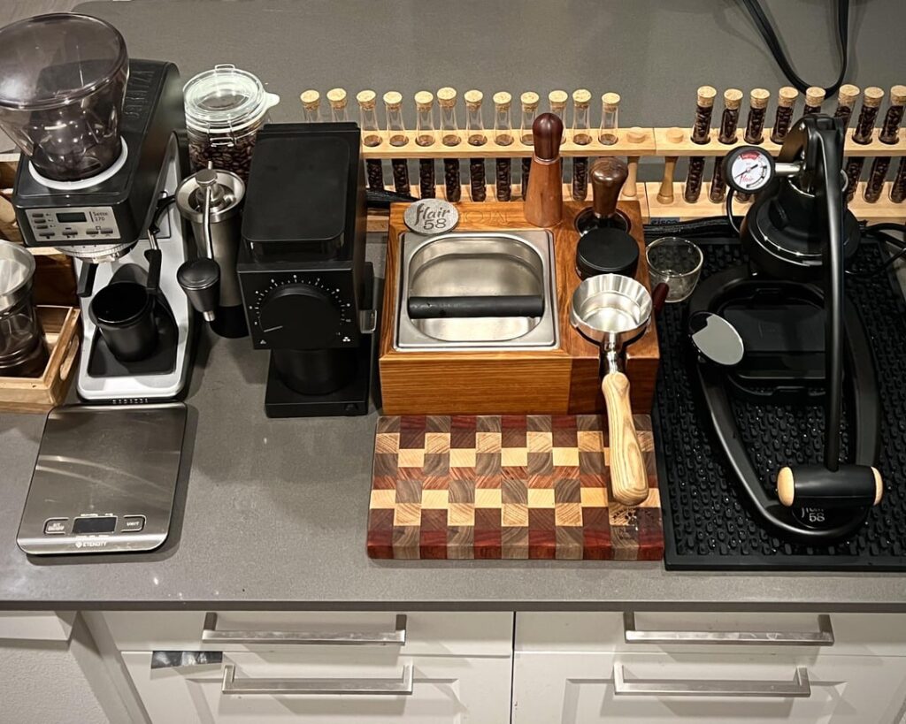 Kitchen island and bakers rack coffee station. My temp coffee setup while we wait for our house for all the varieties of coffee prep we enjoy!
