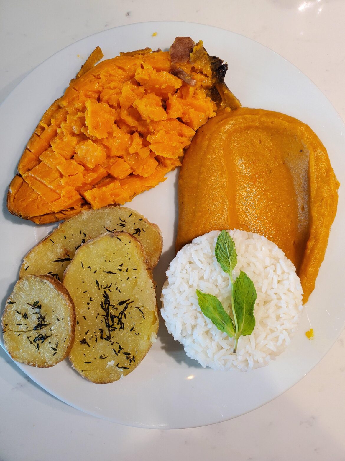 Red Pepper Lentil Puree with Pan Fried Potatoes, Baked Sweet Potato, and White Rice