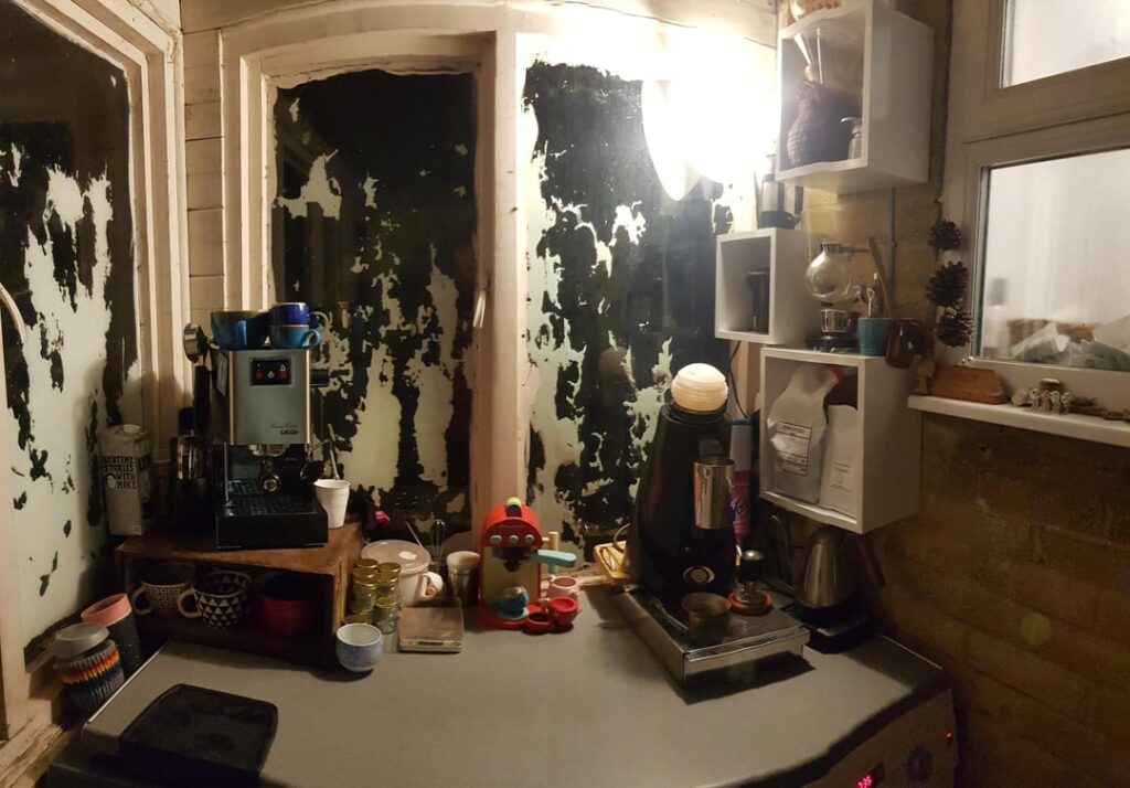 Finally got some shelves to organise my coffee space! (second photo is before) next: rip out the whole shack!