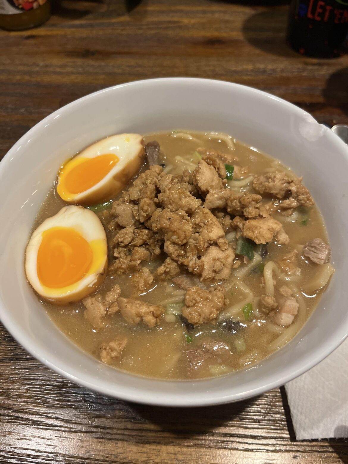 Soy ramen with ground soy chicken.