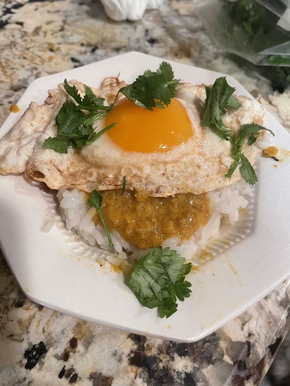 White rice with chicken and curry sauce, some squeezed lemon and cilantro. Of coarse can’t forget to add the fried egg👌
