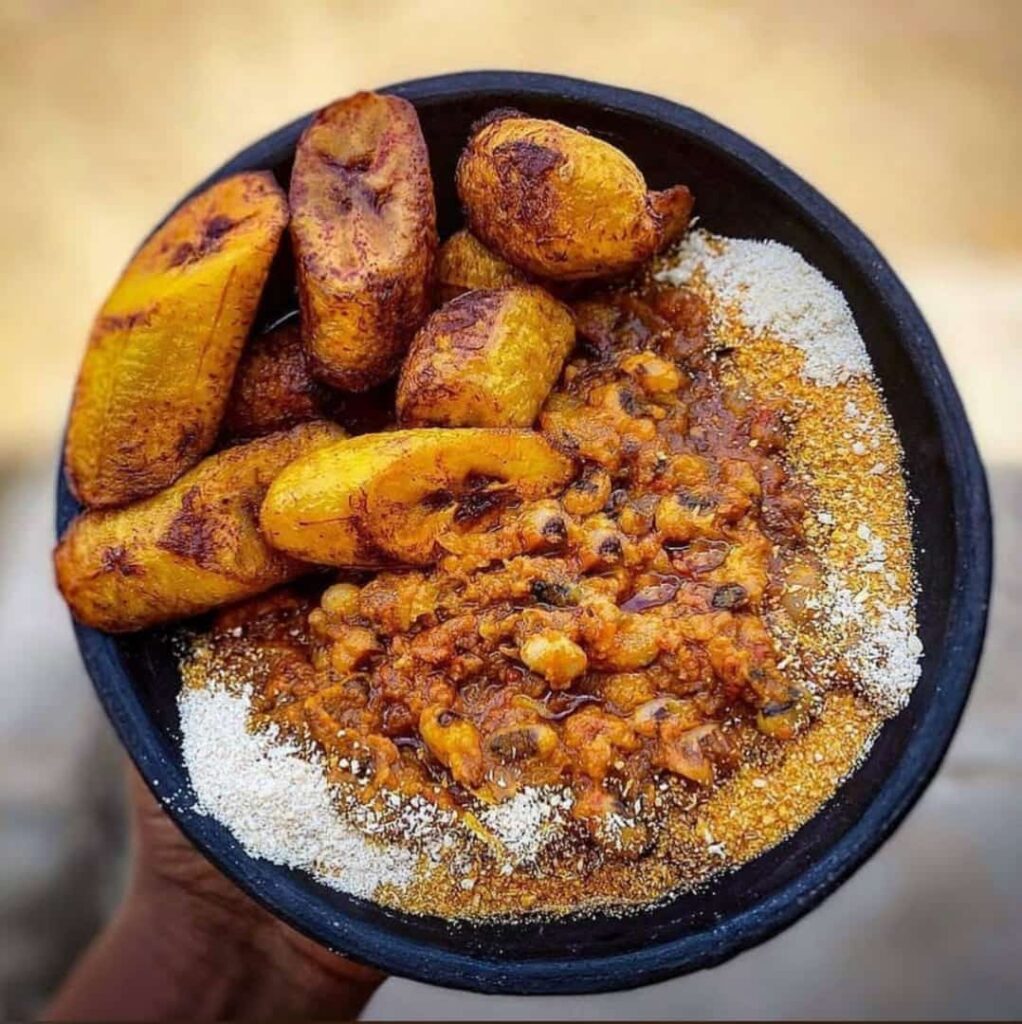 Black Eyed Beans, Fried Plantains and Grated Cassava covered in Palm Oil ~ Osu, Ghana