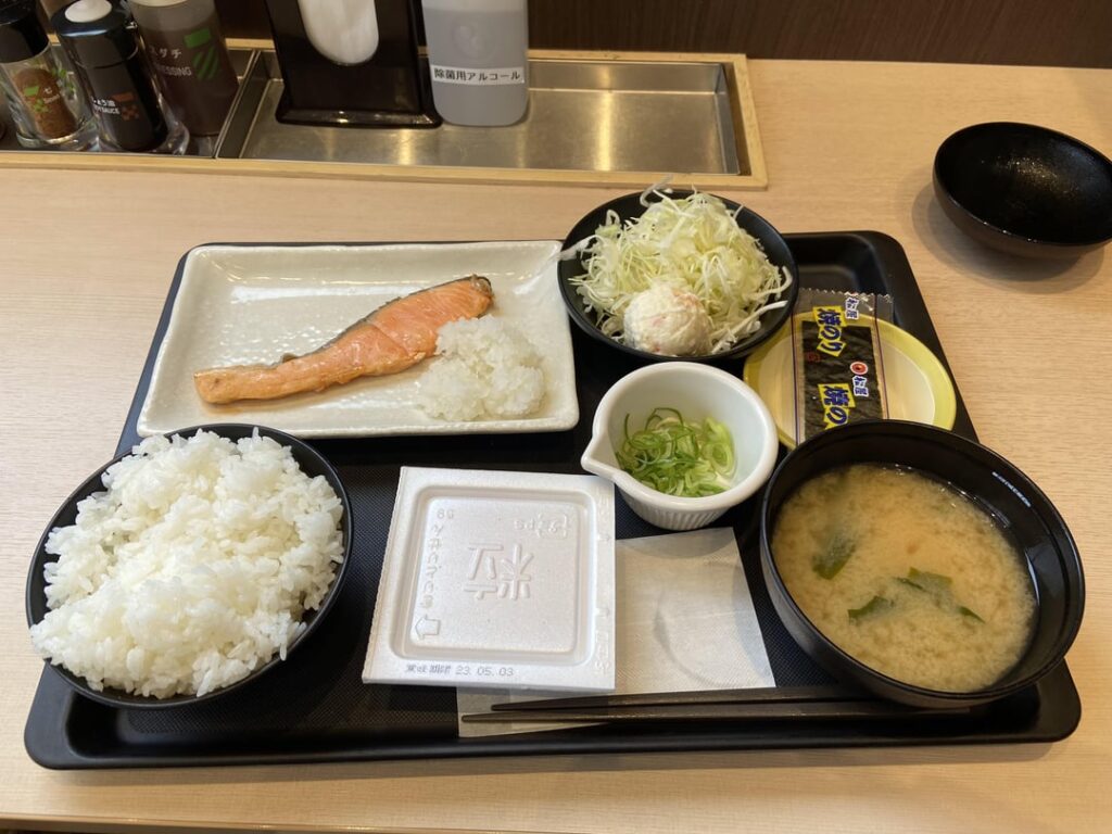 Grilled salmon and natto, typical Japanese breakfast