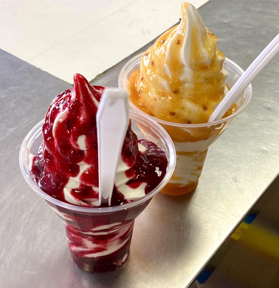 Partridgeberry (lingonberry) and bakeapple (cloudberry) sundaes in Newfoundland and Labrador, Canada.