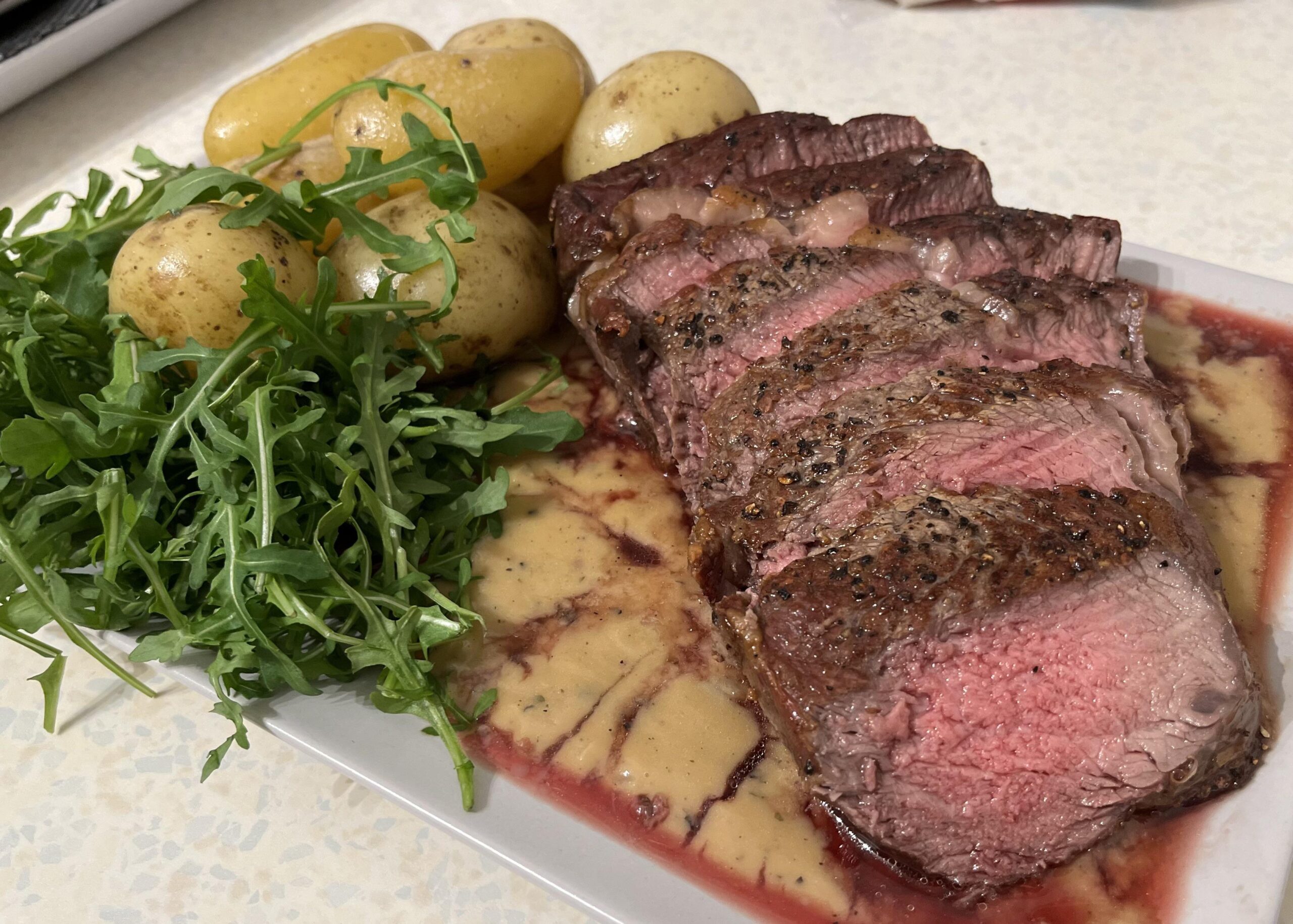 Steak, taters and rocket with peppercorn sauce Dining and Cooking