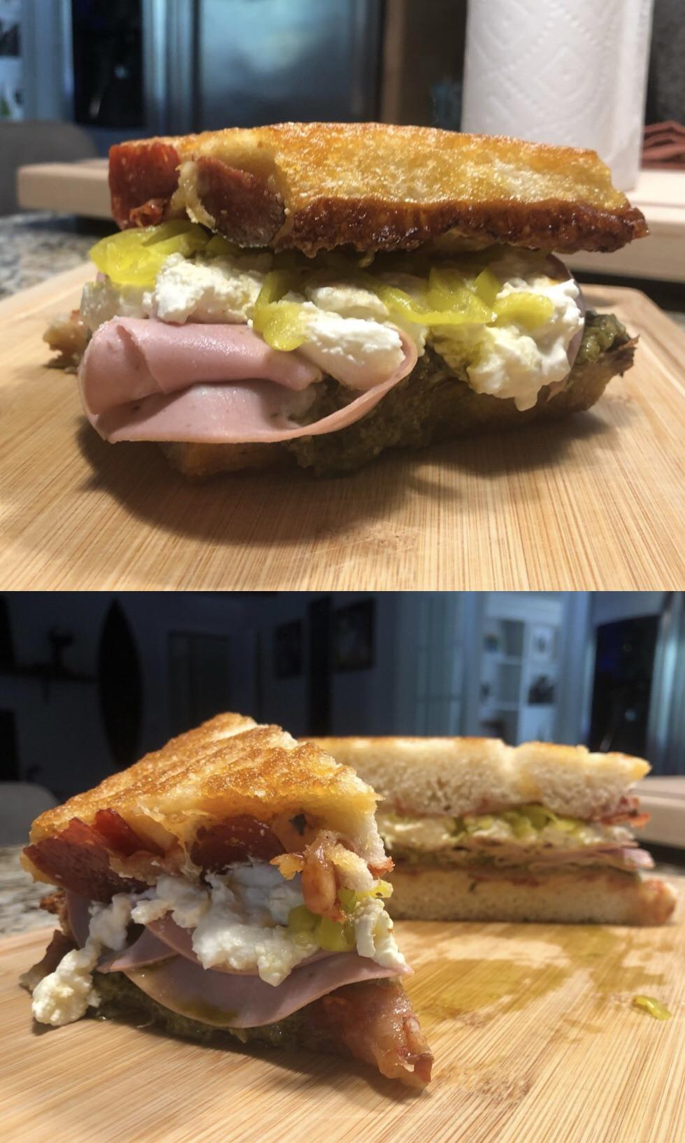 Stoner Sunday Sandwich mortadella, stracciatella, pesto, banana peps betwixt 2 leftover Detroit
