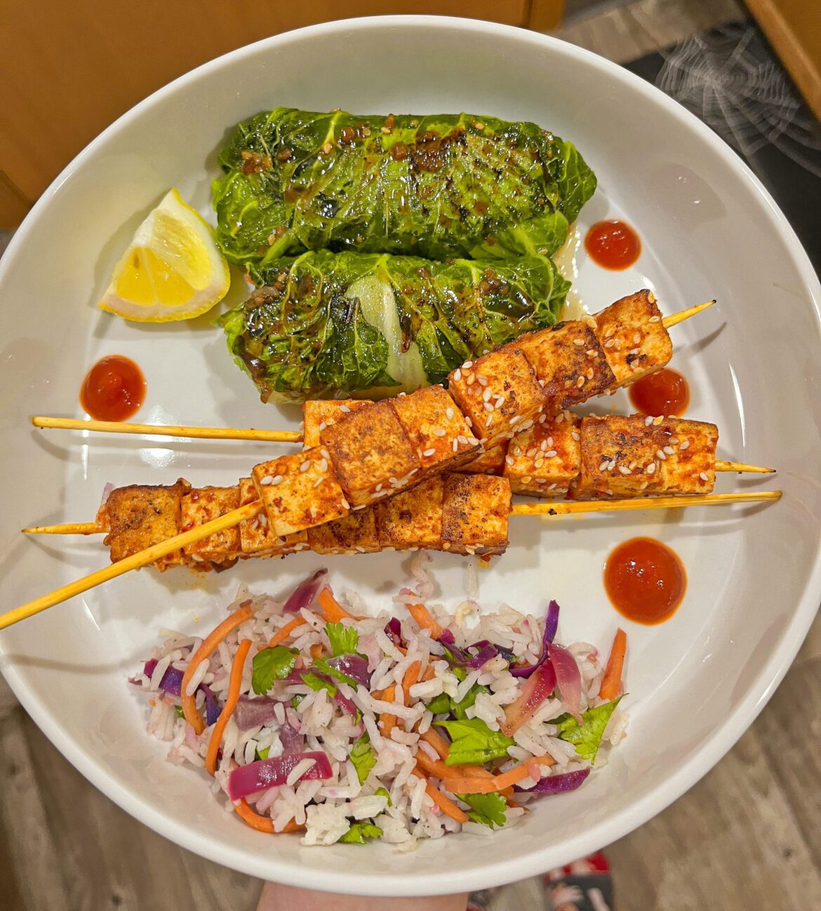 Spicy Bulgogi Tofu Skewers. Teriyaki Napa Cabbage Rolls. Cilantro Lime Jasmine Rice & Mixed Veg