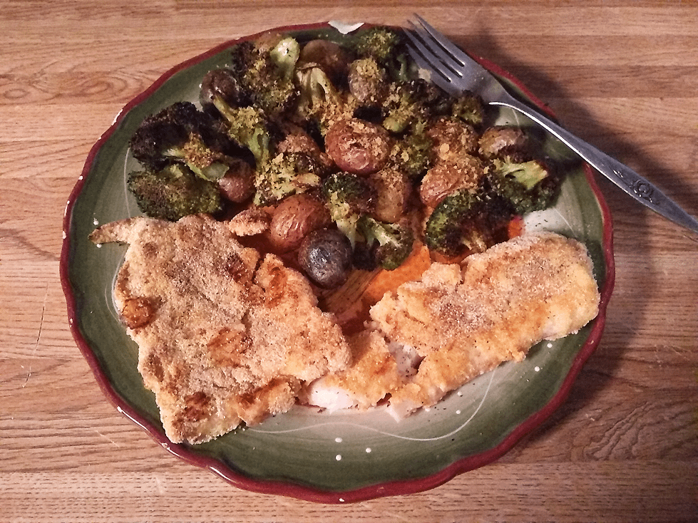 Breaded haddock and roasted vegetables 230 calories for the veggies, 285 calories for the fish