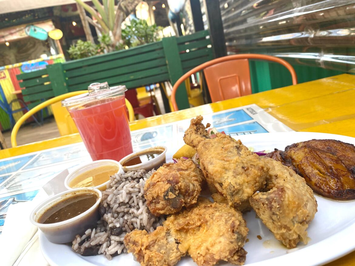 Coconut fried chicken, rice, plantains and an Agua fresca @ Cha Cha Chicken!