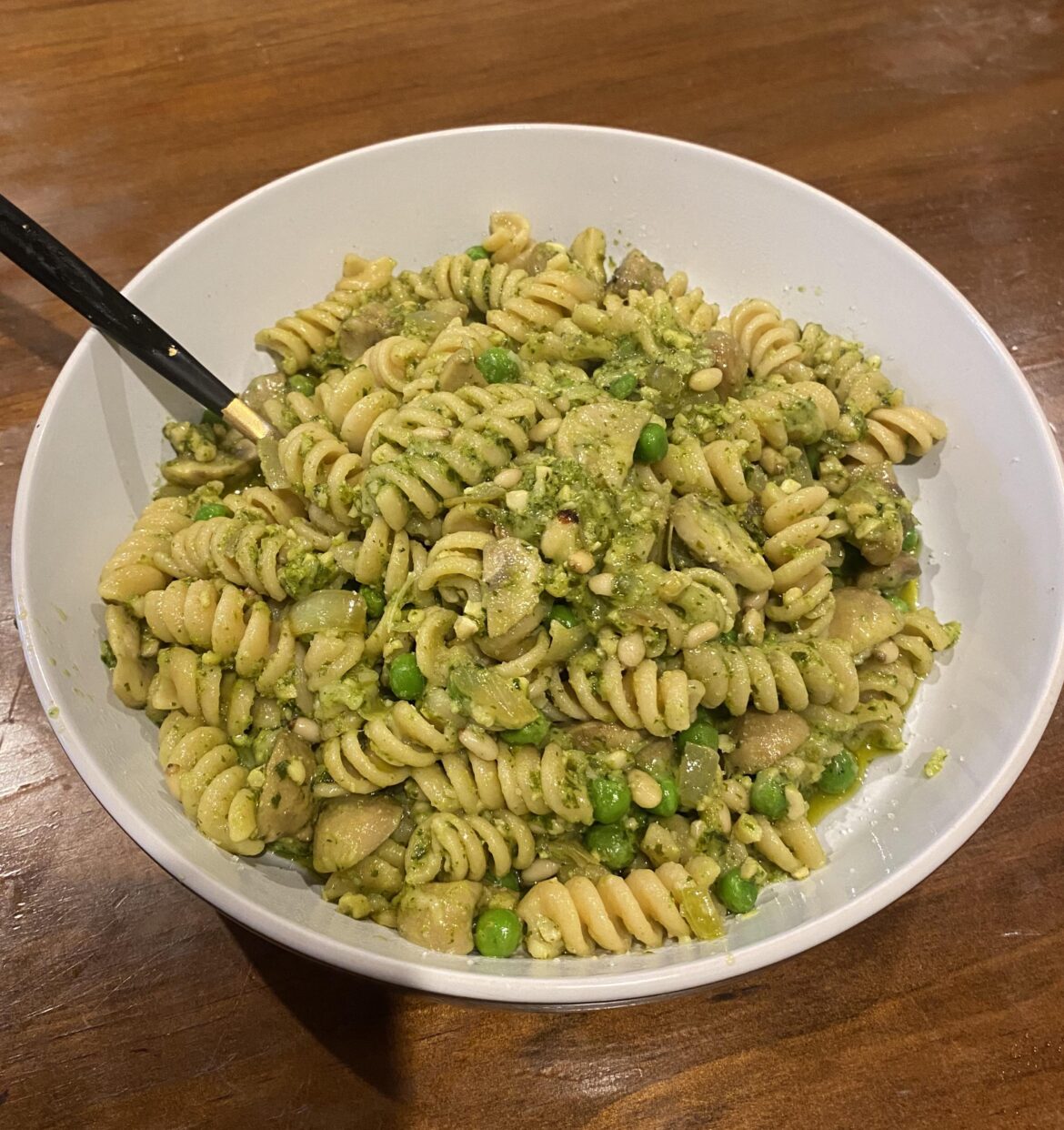 Whole grain Pasta and pesto with sautéed Mushrooms and onions