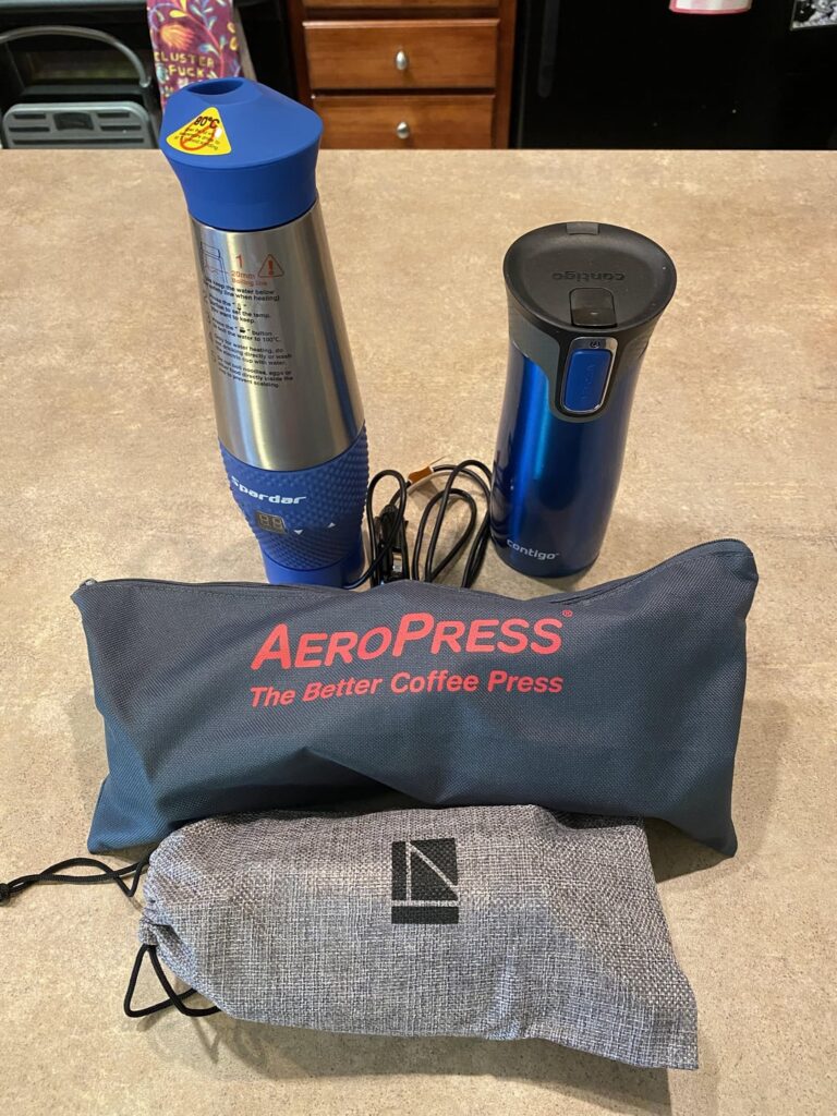 First post here! This is my humble setup for a road trip I'm doing next week (bonus pic of home coffee station included).