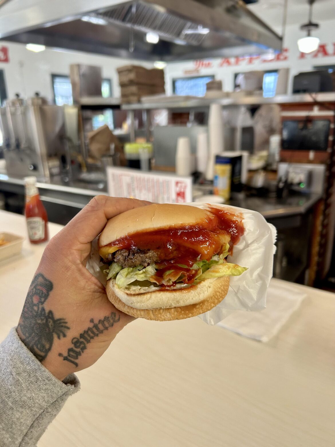 Hickory burger with cheese from Apple Pan. Nice and friendly.