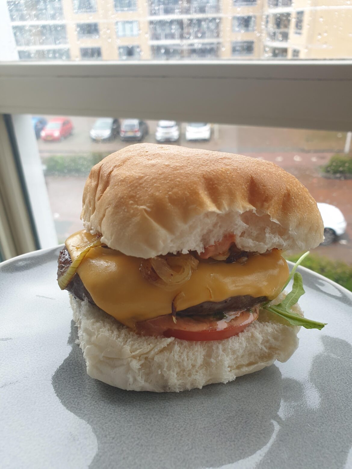 Cheeseburger spicy sauce tomato and grilled onion