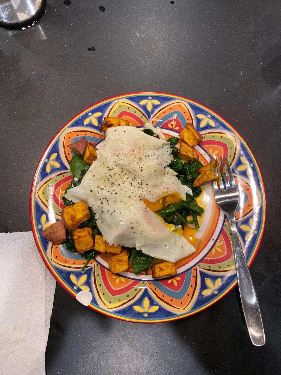Sautéed baby spinach and air fried sweet potatoes
