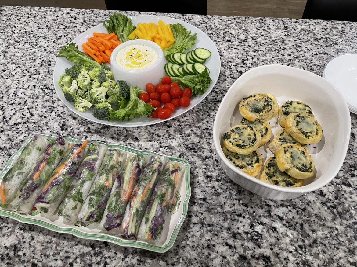 Veggie spring rolls, whipped feta dip, & spinach pinwheels