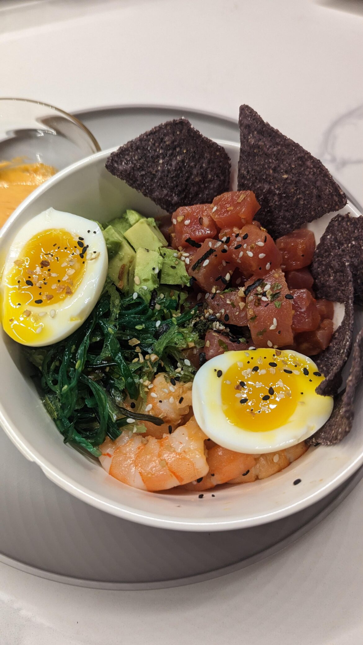 Air fried "soft boiled" egg with tuna and shrimp poke