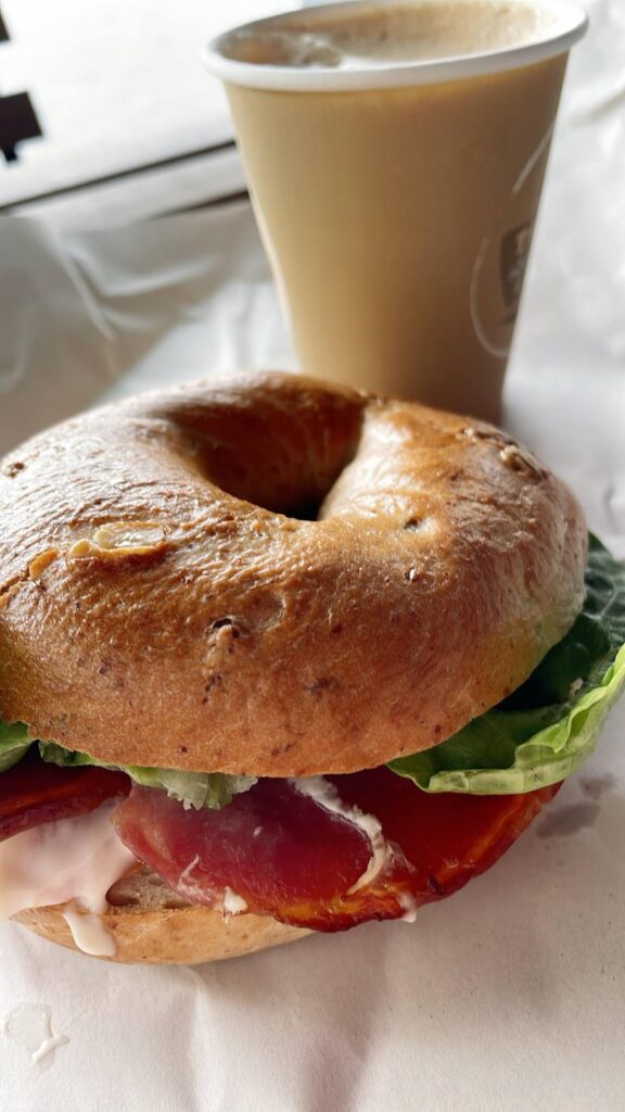 A wonderfully-proportioned BLT bagel I ate chilling in Market Place, Salisbury UK