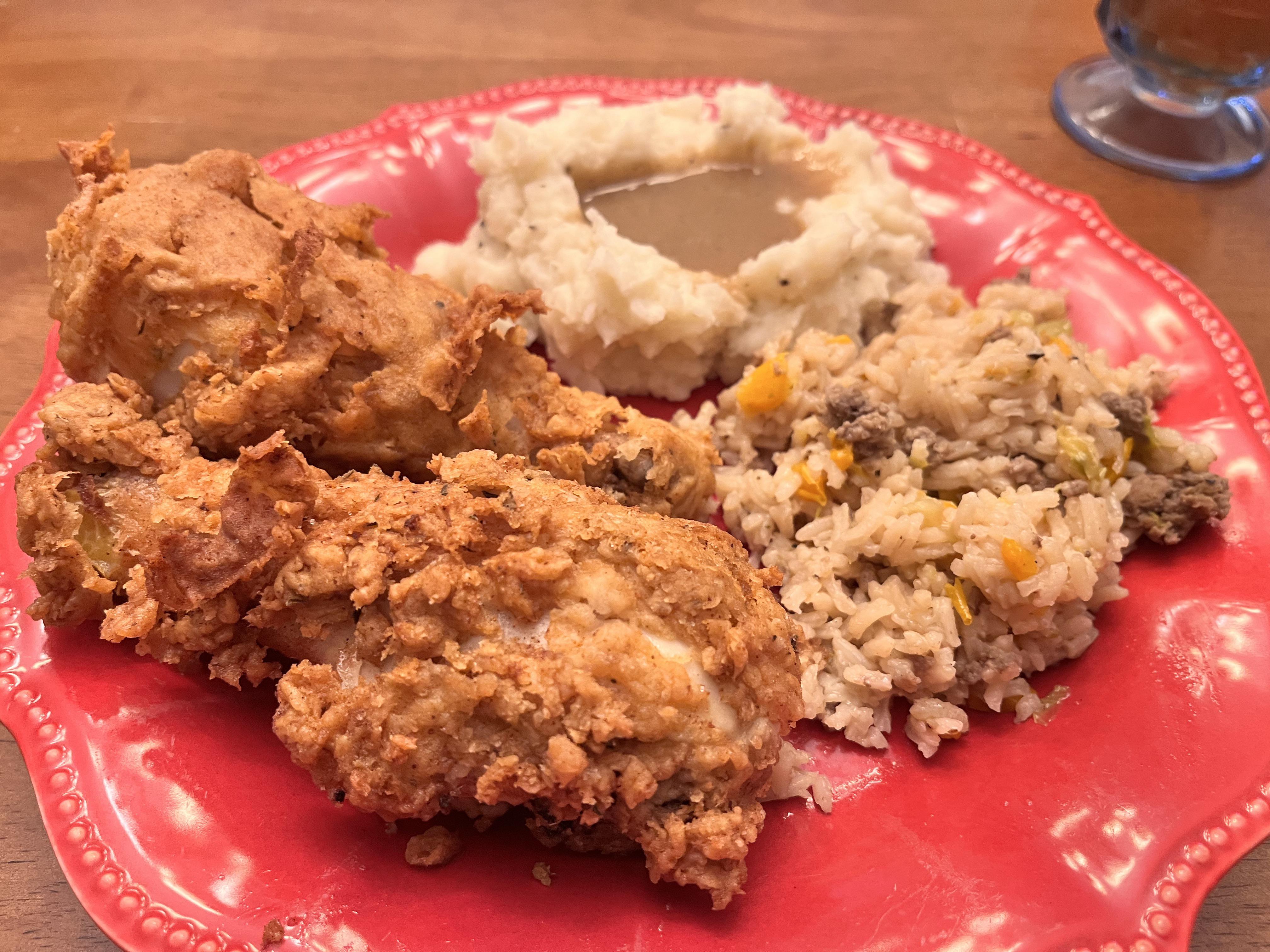Fried Chicken, Dirty Rice, and Cajun Mashed Potatoes and Gravy Dining