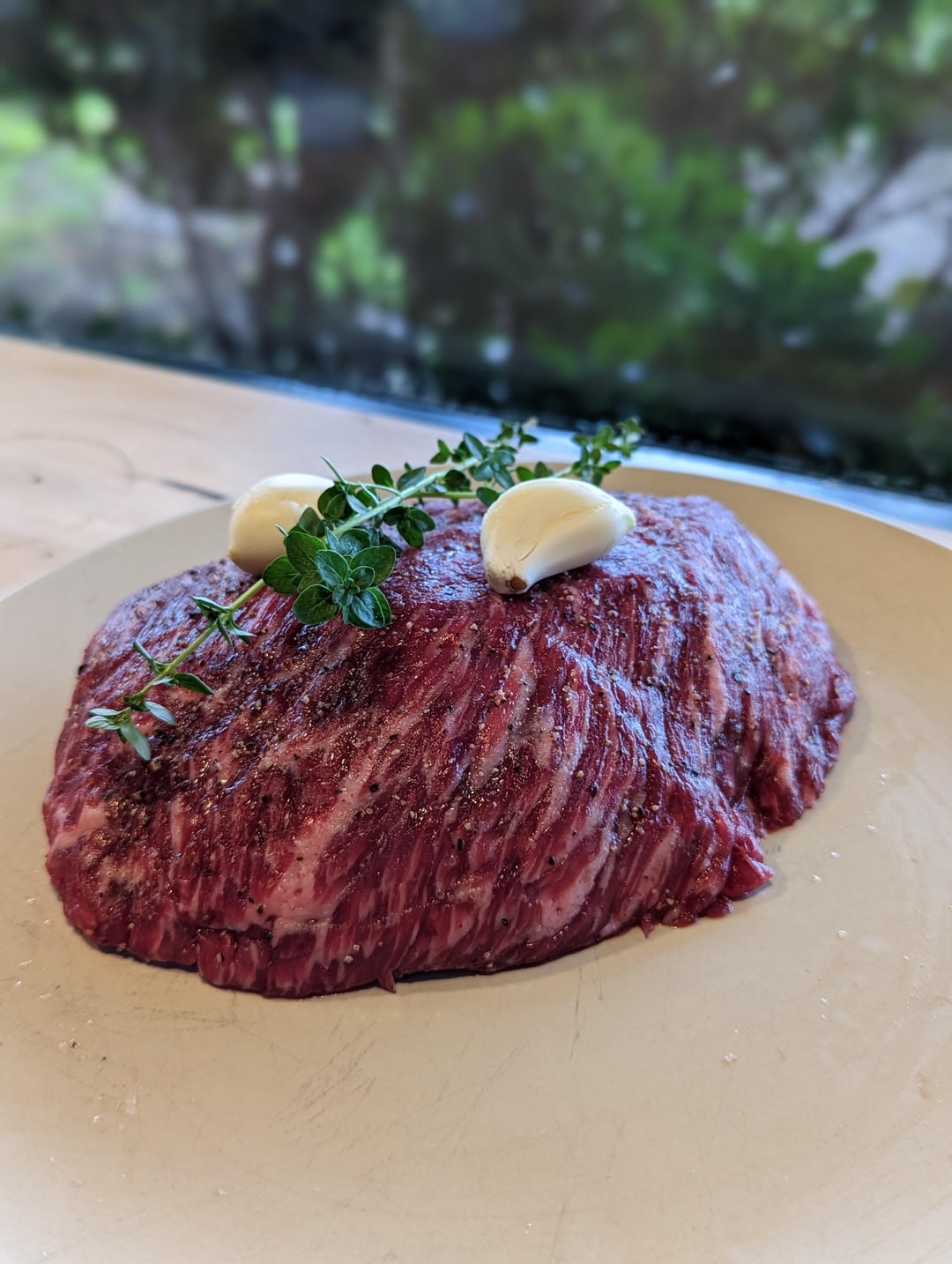 [homemade] Bavette steak in skillet with chimmichuri. Dining and Cooking