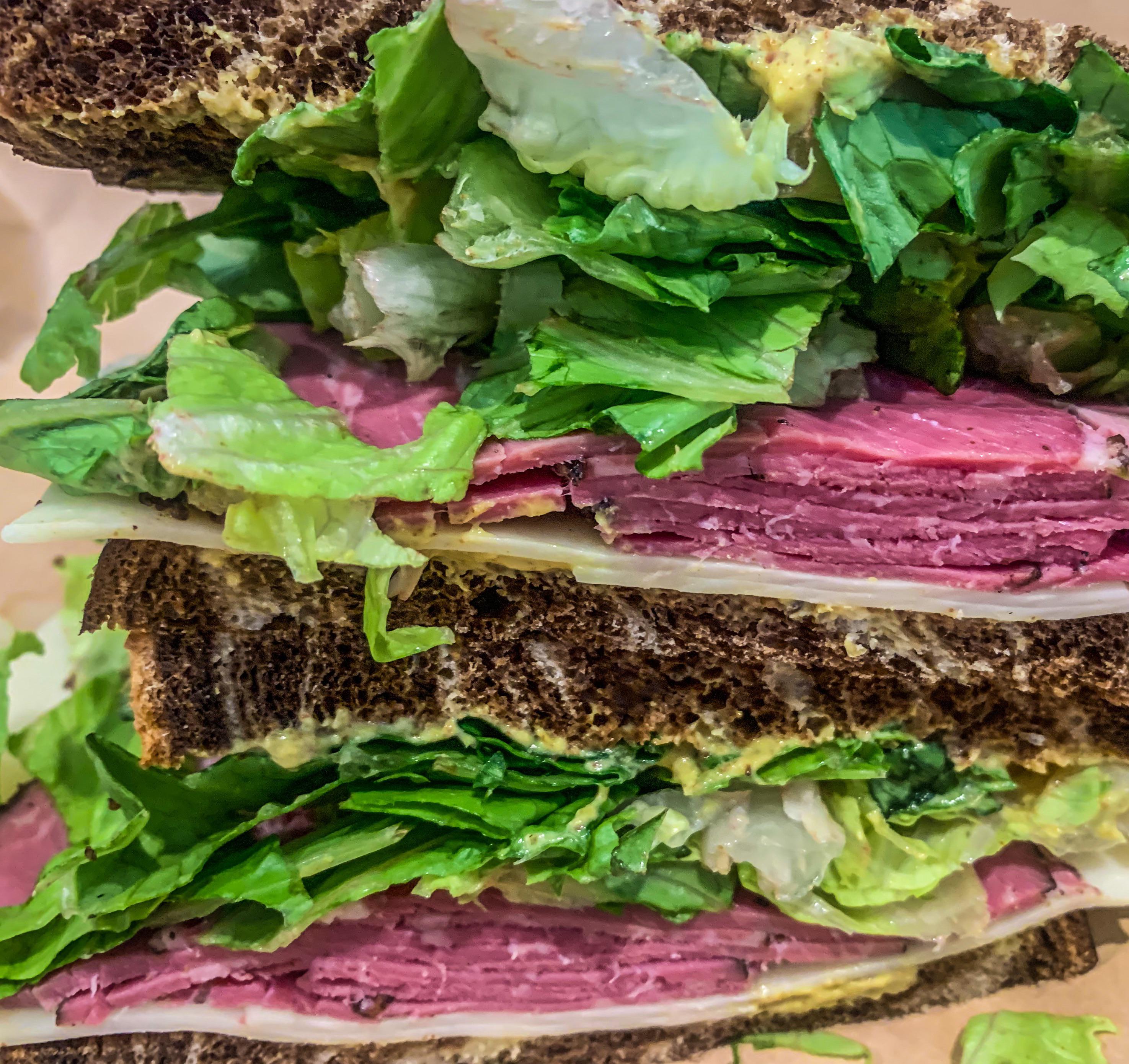 Pastrami on rye with spicy mustard and maybe too much lettuce Dining
